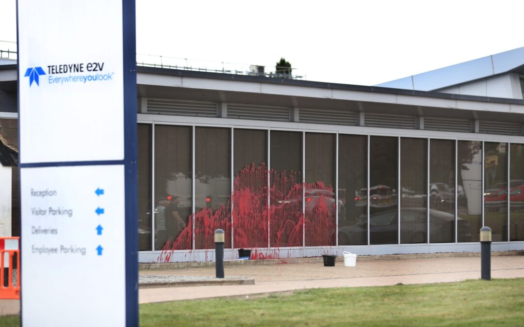 Palestine Action Spray Red Paint Over Bomb Factory Teledyne e2v on Student Open Day