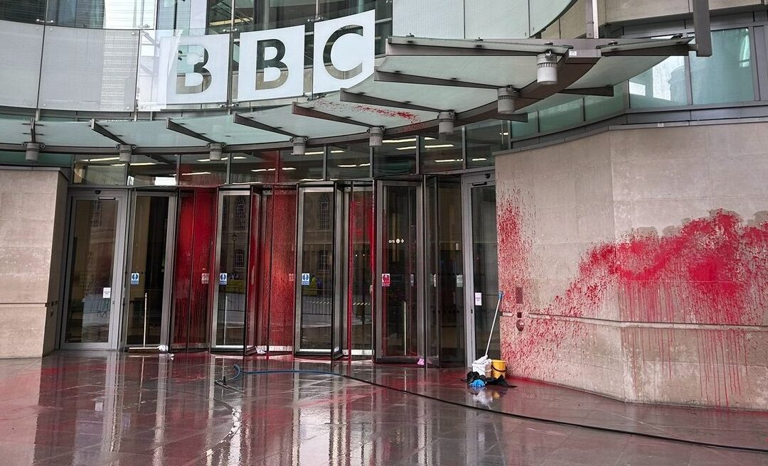 Palestine Action covers BBC building in Red Paint to Symbolise Complicity in Genocide